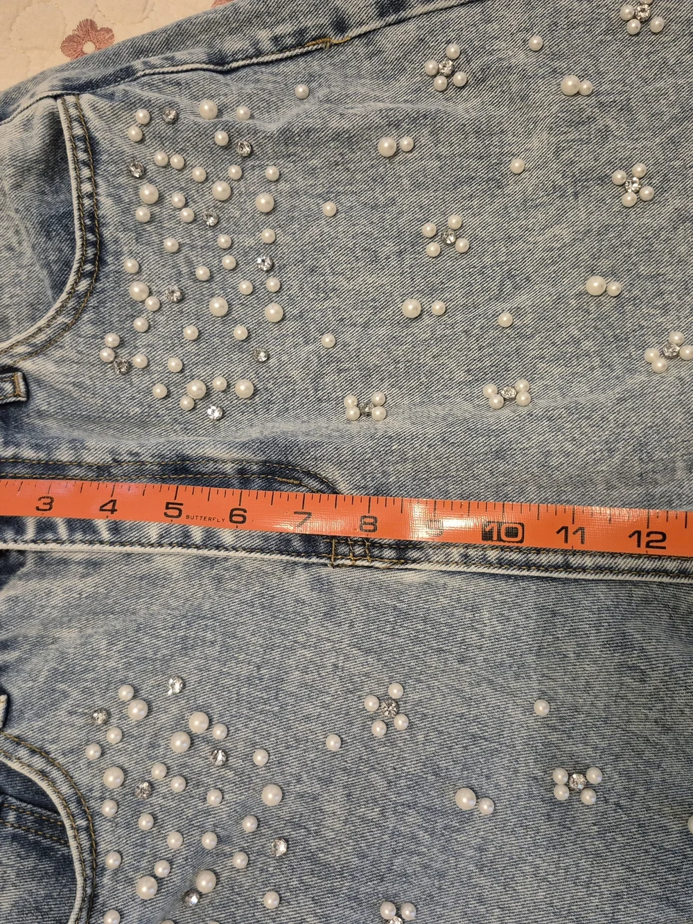 Light Blue Pearl And Rhinestone Studded Barrel Wide-Leg Jeans New Without Tags